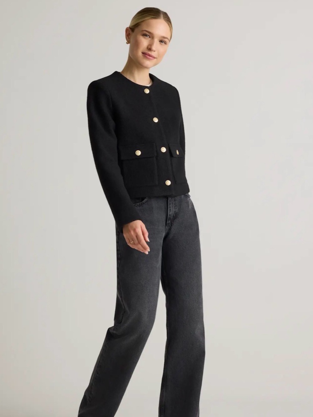 Quince Black Wool Round-Neck Jacket with Gold Accent Buttons